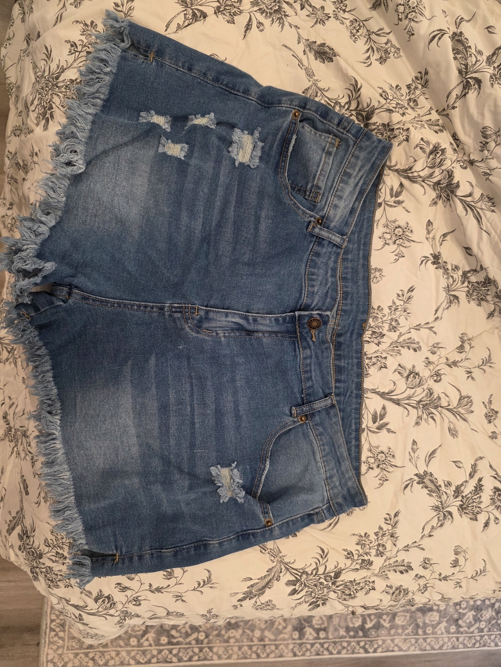 High-Rise Distressed Denim Shorts - Medium Blue